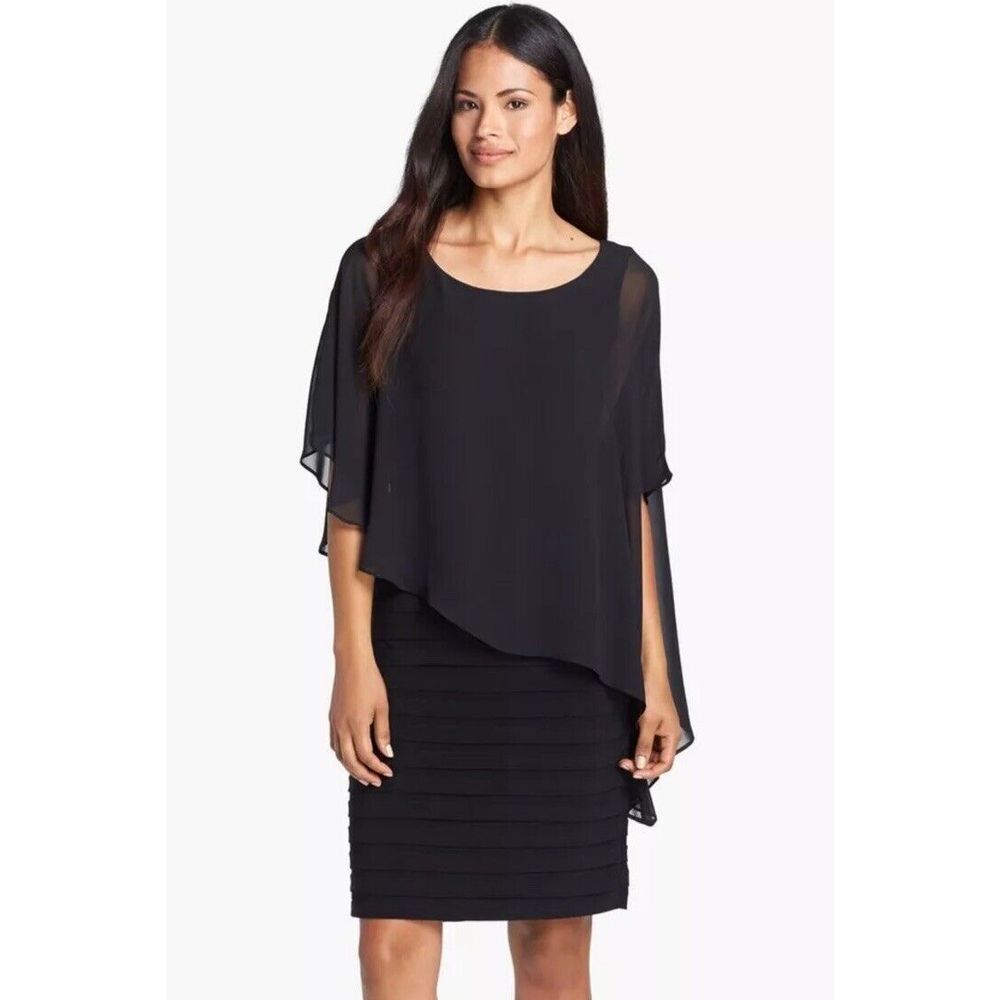 ADRIANNA PAPELL Chiffon Drape Overlay Shutter Pleat Sheath Dress Black‎ Size 20W